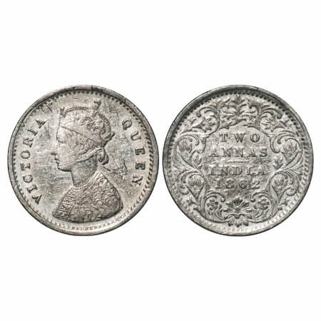 Victoria Queen, Silver, 2 Annas, 1862, Bombay Mint, A/I, Bottom flower centre top petal br