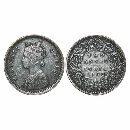 Victoria Queen, Silver, 2 Annas, 1862, Bombay Mint, A/I, Bottom flower centre top petal br