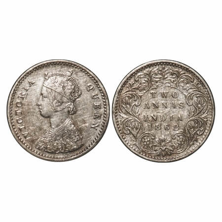 Victoria Queen, Silver, 2 Annas, 1862, Bombay Mint, A/I, Bottom flower centre top petal br