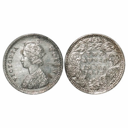 Victoria Queen, Silver, 2 Annas, 1862, Bombay Mint, A/I, Bottom flower centre top petal br