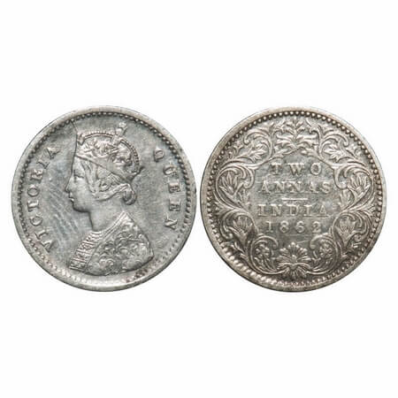 Victoria Queen, Silver, 2 Annas, 1862, Bombay Mint, A/I, Bottom flower centre top petal br