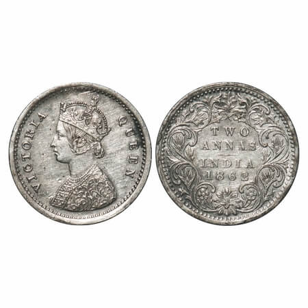 Victoria Queen, Silver, 2 Annas, 1862, Madras Mint, A/I, Bottom flower centre top petal br