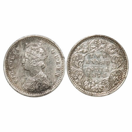 Victoria Queen, Silver, 2 Annas, 1874, Bombay Mint, A/I, No mint mark, No dot. F. Prid Unl