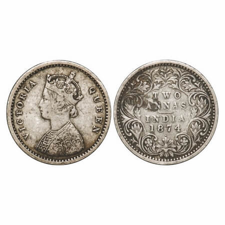 Victoria Queen, Silver, 2 Annas, 1874, Bombay Mint, A/I, Dot. F. Prid Unlisted. GK 739. Ve