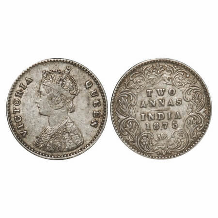Victoria Queen, Silver, 2 Annas, 1875, Calcutta Mint, A/I, No mint mark. F. Prid 489. GK 7