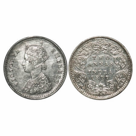 Victoria Empress, Silver, 2 Annas, 1877, Bombay Mint, A/I, Dot, Die cracks on Obv. F. Prid