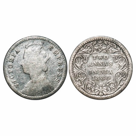Victoria Empress, Silver, 2 Annas, 1880, Calcutta Mint, B/II, 'C' incused. F. Prid 495. GK