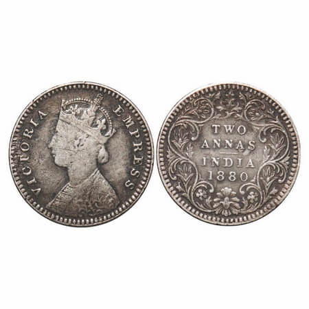 Victoria Empress, Silver, 2 Annas, 1880, Calcutta Mint, B/II, 'C' incused. F. Prid 495. GK