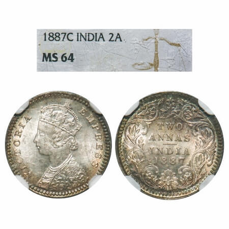 Victoria Empress, Silver, 2 Annas, 1887, Calcutta Mint, B/II, 'C' incused. F. Prid 502. GK
