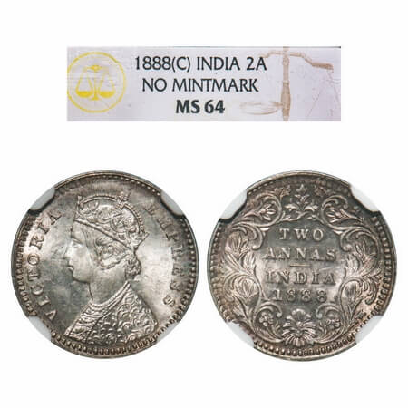 Victoria Empress, Silver, 2 Annas, 1888, Calcutta Mint, B/II, No mint mark No 'C'. F. Prid