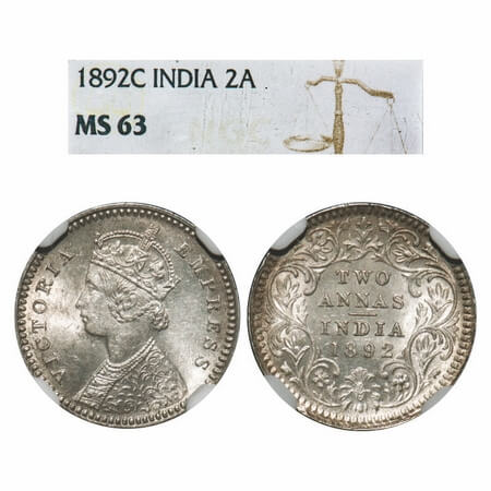 Victoria Empress, Silver, 2 Annas, 1892, Calcutta Mint, B/II, 'C' incused. F. Prid 507. GK