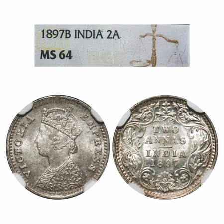 Victoria Empress, Silver, 2 Annas, 1897, Bombay Mint, B/II, 'B' incused. F. Prid 551. GK 8