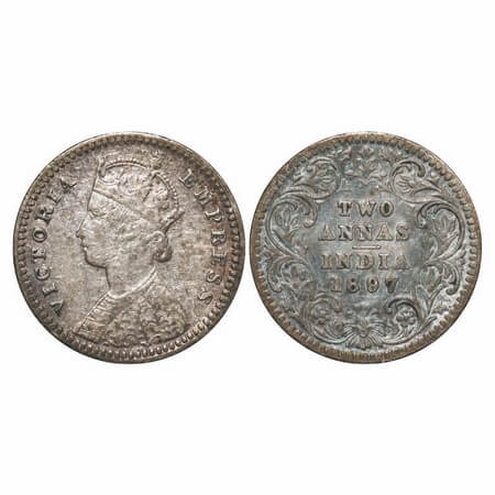 Victoria Empress, Silver, 2 Annas, 1897, Calcutta Mint, B/II, 'C' incused. F. Prid 512. GK