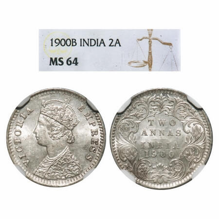 Victoria Empress, Silver, 2 Annas, 1900, Bombay Mint, B/I, 'B' raised. F. Prid 553. GK 812