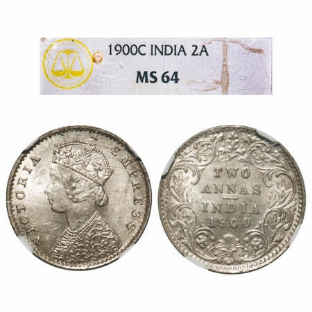 Victoria Empress, Silver, 2 Annas, 1900, Calcutta Mint, B/II, 'C' incused. F. Prid 514. GK