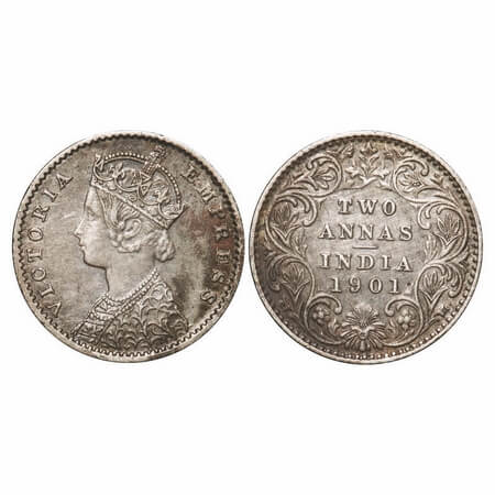 Victoria Empress, Silver, 2 Annas, 1901, Calcutta Mint, B/II, 'C' incused. F. Prid 515. GK