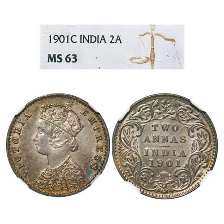Victoria Empress, Silver, 2 Annas, 1901, Calcutta Mint, B/II, 'C' incused. F. Prid 515. GK