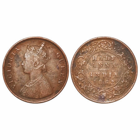 Victoria Queen, Copper, Half Anna, 1862, Madras Mint, A/I(i), With 5 dots around a centre 