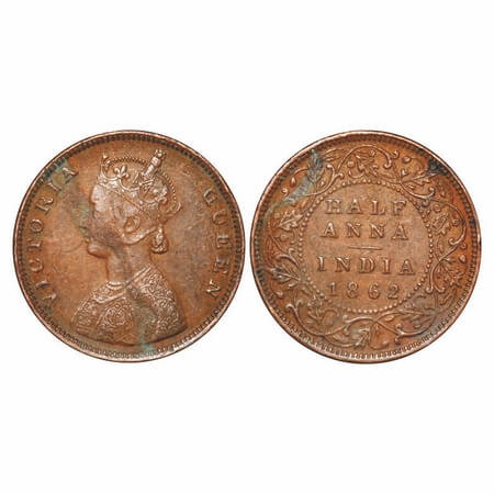 Victoria Queen, Copper, Half Anna, 1862, Bombay Mint, A/I(i), With 5 dots around a centre 