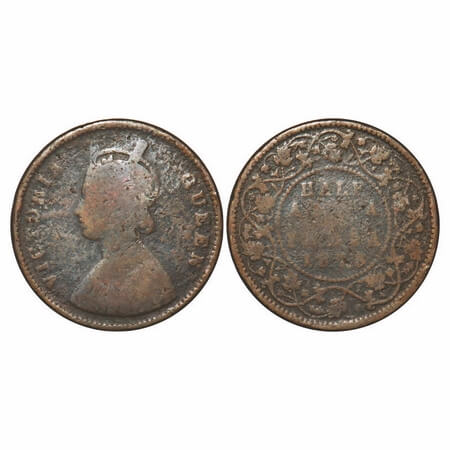 Victoria Queen, Copper, Half Anna, 1875, Calcutta Mint, B/II, With numeral 1 of year havin