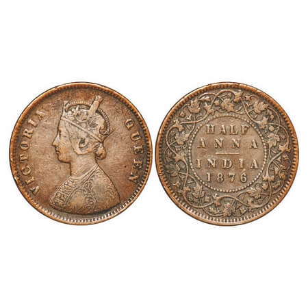 Victoria Queen, Copper, Half Anna, 1876, Calcutta Mint, B/II. F. Prid 584. GK 819. Very Fi