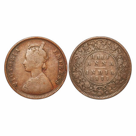 Victoria Empress, Copper, Half Anna, 1877, Bombay Mint, B/II, Narrow numeral 77, Flat 1. F