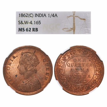 Victoria Queen, Copper, Quarter Anna, 1862, Calcutta Mint, A/I, No mint mark, No privy mar