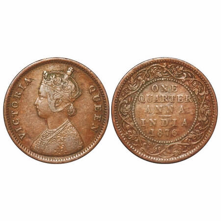 Victoria Queen, Copper, Quarter Anna, 1876, Bombay Mint, A/I, No mint mark. F. Prid 636. G