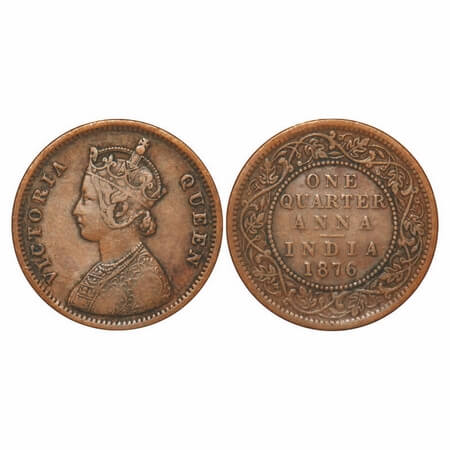 Victoria Queen, Copper, Quarter Anna, 1876, Bombay Mint, A/I, No mint mark. F. Prid 636. G