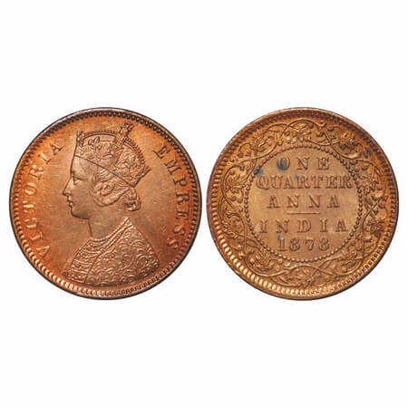 Victoria Empress, Copper, Quarter Anna, 1878, Calcutta Mint, B/II, No mint mark. F. Prid 6
