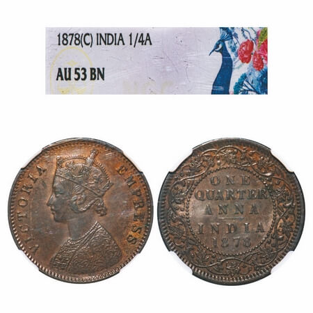 Victoria Empress, Copper, Quarter Anna, 1878, Calcutta Mint, B/II, No mint mark. F. Prid 6