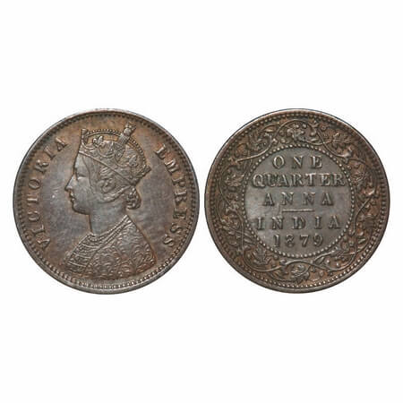 Victoria Empress, Copper, Quarter Anna, 1879, Calcutta Mint, B/II, 'C' incused. F. Prid 61