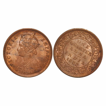 Victoria Empress, Copper, Quarter Anna, 1882, Calcutta Mint, B/II, 'C' incused, Multiple d
