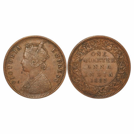 Victoria Empress, Copper, Quarter Anna, 1883, Bombay Mint, B/I, No mint mark. F. Prid 639.