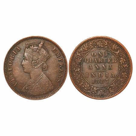 Victoria Empress, Copper, Quarter Anna, 1883, Calcutta Mint, B/II, 'C' incused. F. Prid 61