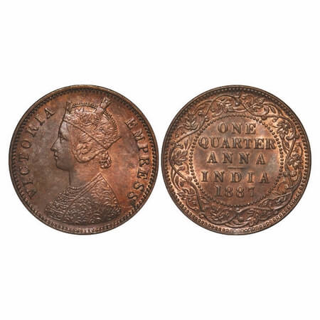 Victoria Empress, Copper, Quarter Anna, 1887, Bombay Mint, B/I, No mint mark, Multiple die