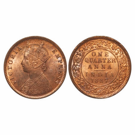 Victoria Empress, Copper, Quarter Anna, 1887, Calcutta Mint, B/II, 'C' incused, Ghost on R