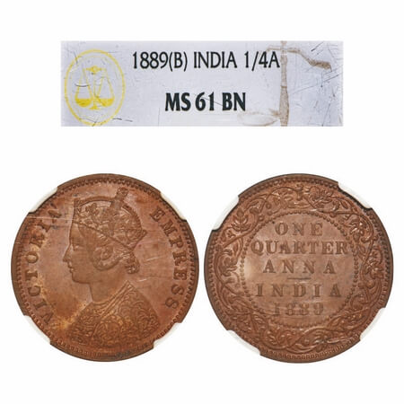 Victoria Empress, Copper, Quarter Anna, 1889, Bombay Mint, B/I, No mint mark. F. Prid 644.