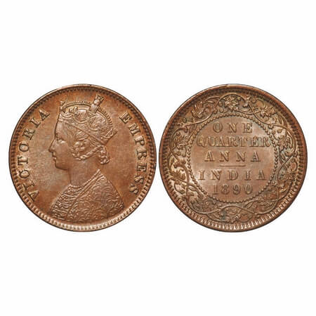 Victoria Empress, Copper, Quarter Anna, 1890, Calcutta Mint, B/II, No mint mark. F. Prid 6