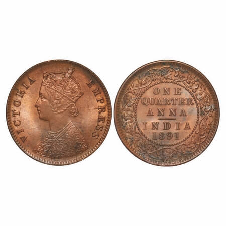 Victoria Empress, Copper, Quarter Anna, 1891, Calcutta Mint, B/II, No mint mark, Multiple 