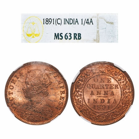 Victoria Empress, Copper, Quarter Anna, 1891, Calcutta Mint, B/II, No mint mark. F. Prid 6