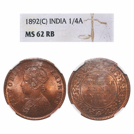 Victoria Empress, Copper, Quarter Anna, 1892, Calcutta Mint, B/II, No mint mark. F. Prid 6