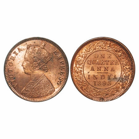 Victoria Empress, Copper, Quarter Anna, 1893, Calcutta Mint, B/II, No mint mark. F. Prid 6