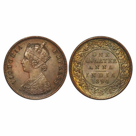 Victoria Empress, Copper, Quarter Anna, 1894, Calcutta Mint, B/II, No mint mark, Die crack