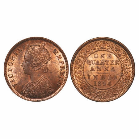 Victoria Empress, Copper, Quarter Anna, 1894, Calcutta Mint, B/II, No mint mark, Die crack