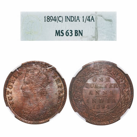 Victoria Empress, Copper, Quarter Anna, 1894, Calcutta Mint, B/II, No mint mark. F. Prid 6