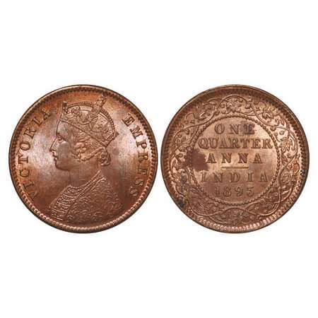 Victoria Empress, Copper, Quarter Anna, 1895, Calcutta Mint, B/II, No mint mark. F. Prid 6