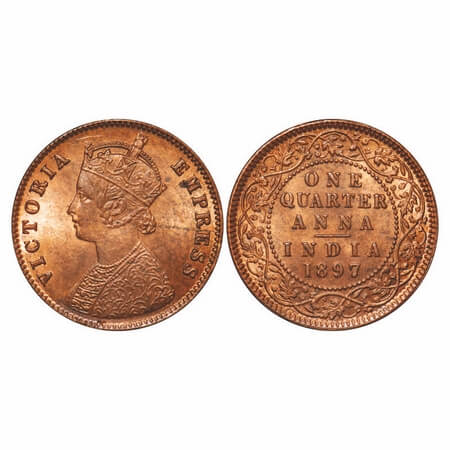 Victoria Empress, Copper, Quarter Anna, 1897, Calcutta Mint, B/II, No mint mark, Die crack