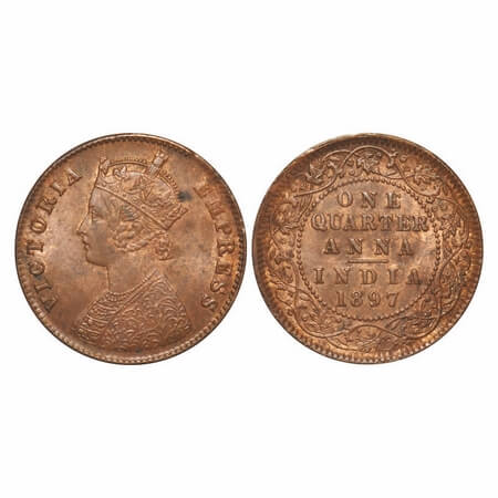 Victoria Empress, Copper, Quarter Anna, 1897, Calcutta Mint, B/II, No mint mark. F. Prid 6