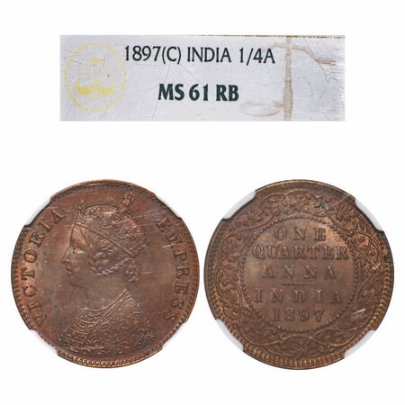 Victoria Empress, Copper, Quarter Anna, 1897, Calcutta Mint, B/II, No mint mark. F. Prid 6